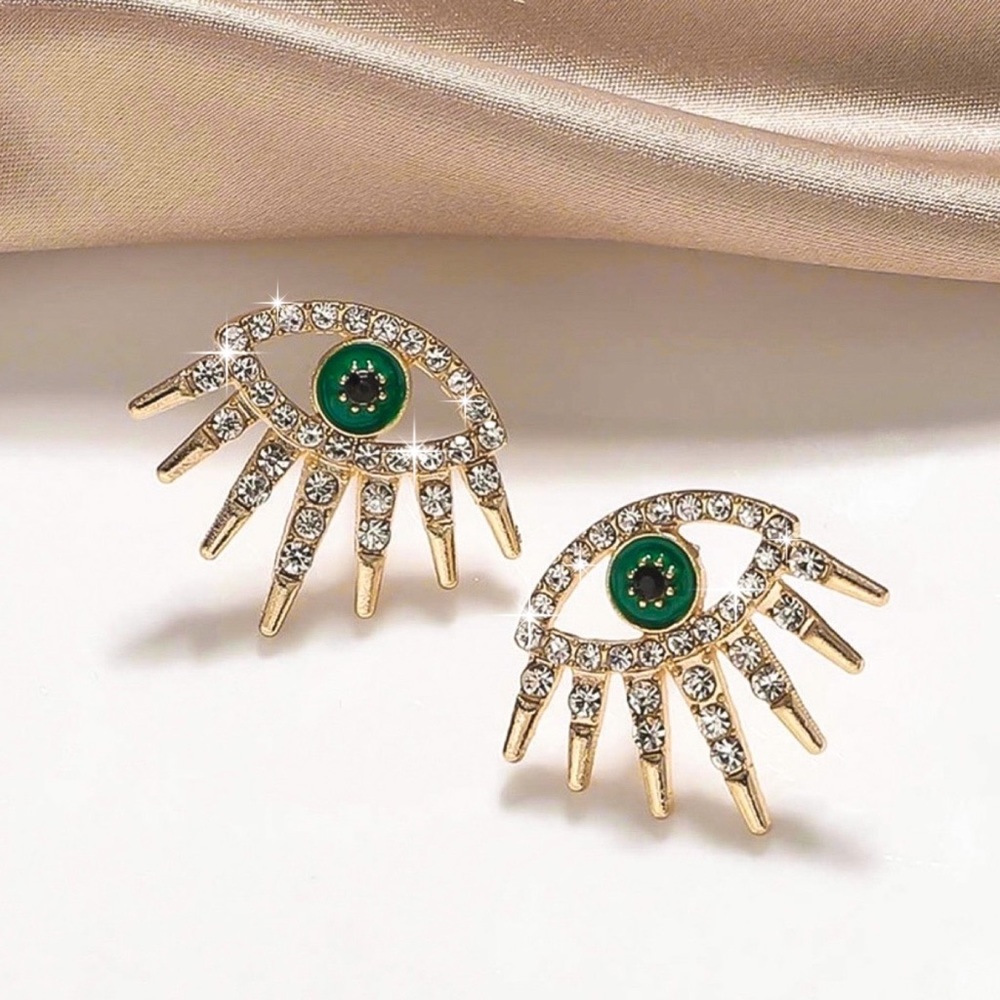 2/$20! Gold Crystal Pave Evil Eye Stud Earrings - Picture 2 of 8